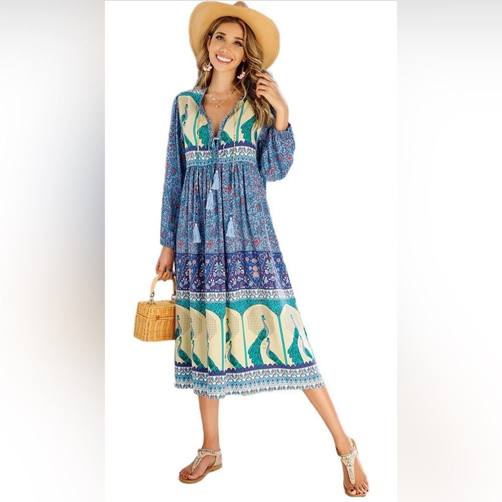 R. Vivimos Peacock Print NWT Bohemian Midi Dress Large (14-16) Women’s